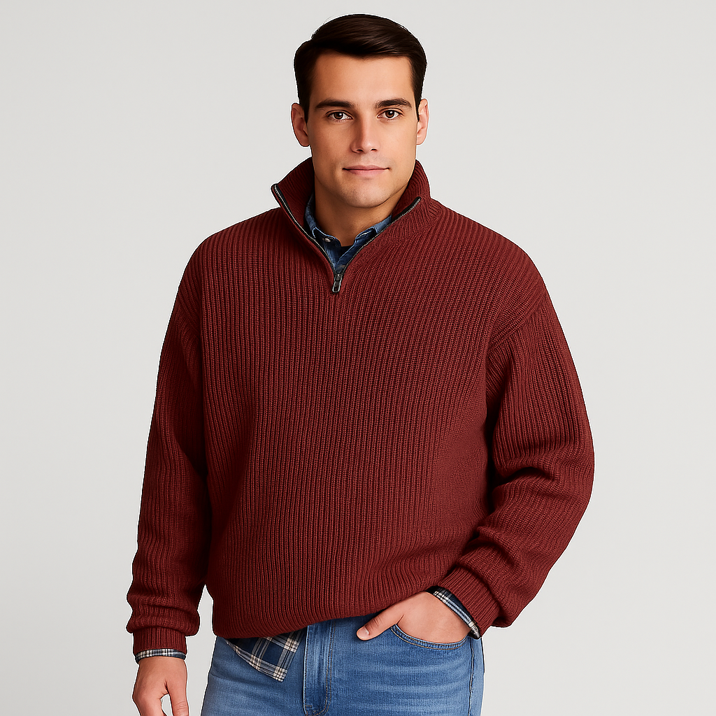 Men's Ribbed Half Zip Sweater with Stand Collar