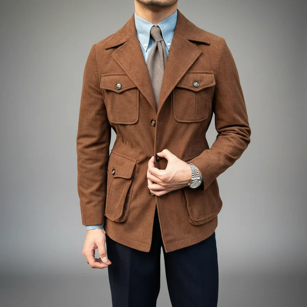 Men's Herringbone Blazer with Gold-Tone Accents