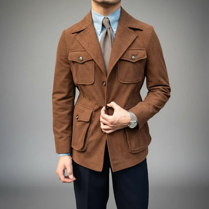 Men's Herringbone Blazer with Gold-Tone Accents