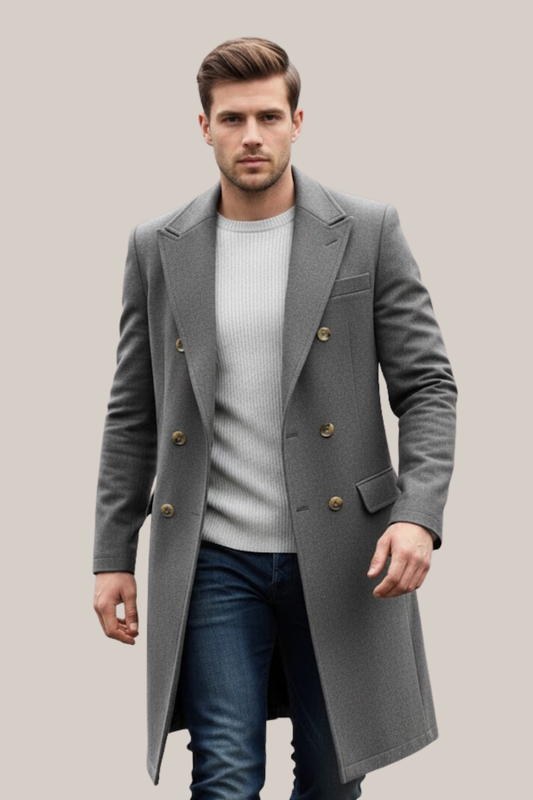 Men's Double-Breasted Long Coat – Stylish Lapel for Formal & Smart Casual Occasions