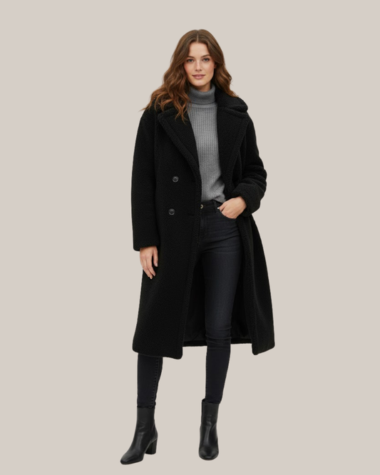 Women's Long Teddy Coat - Cozy Winter Outerwear with Chic Lapel Collar