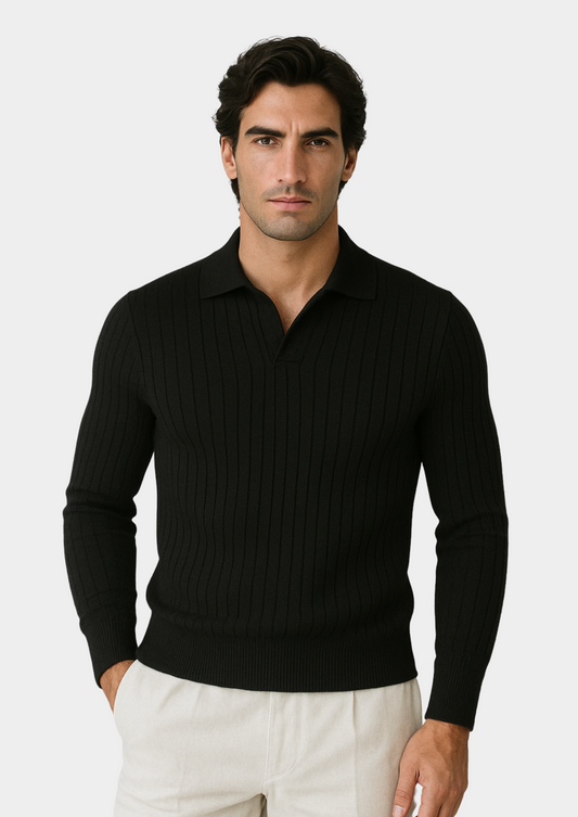 Men's Black Ribbed Knit Polo Sweater for Smart Casual Wear