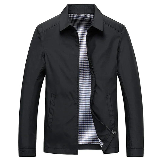 Men’s Classic Black Zip-Up Jacket with Checked Lining for Everyday Wear