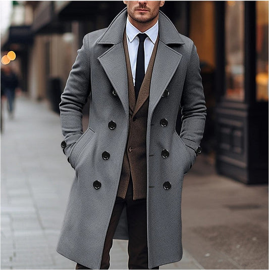 Men's Double-Breasted Long Overcoat for Winter Wear