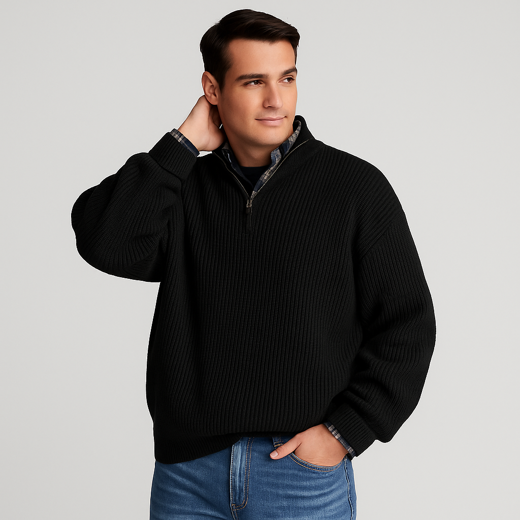 Men's Ribbed Half Zip Sweater with Stand Collar