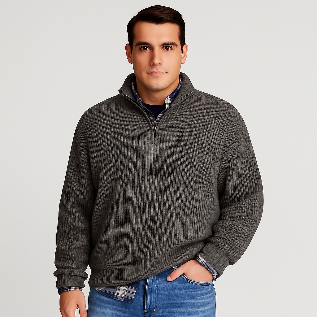 Men's Ribbed Half Zip Sweater with Stand Collar