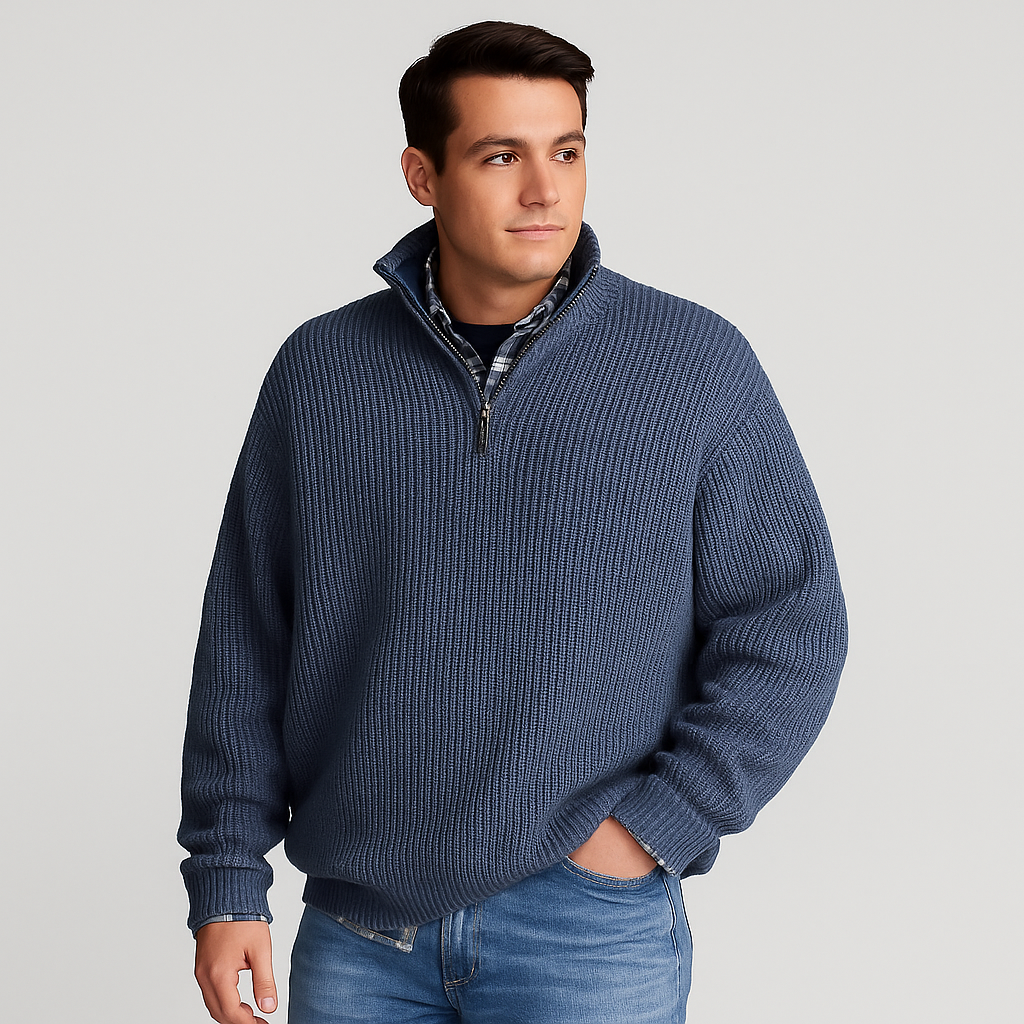Men's Ribbed Half Zip Sweater with Stand Collar
