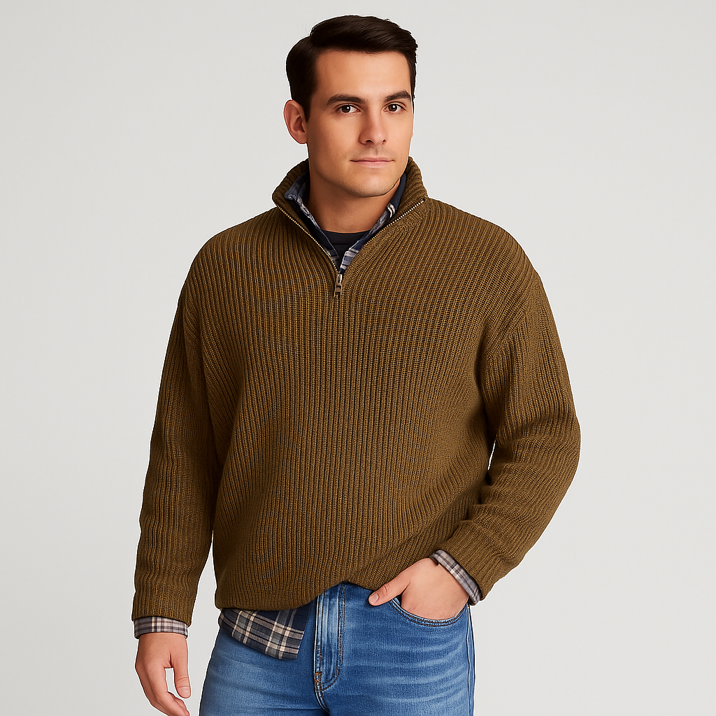 Men's Ribbed Half Zip Sweater with Stand Collar