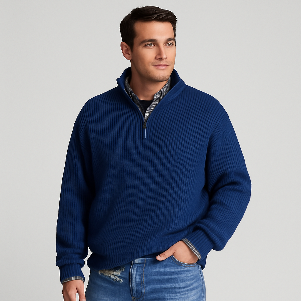 Men's Ribbed Half Zip Sweater with Stand Collar