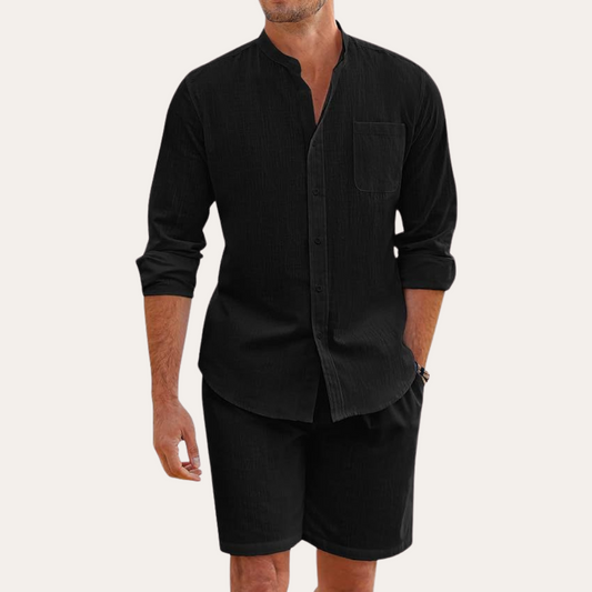 Men's Summer Two-Piece Set – Long Sleeve Shirt & Shorts for Beach or Outdoor Wear