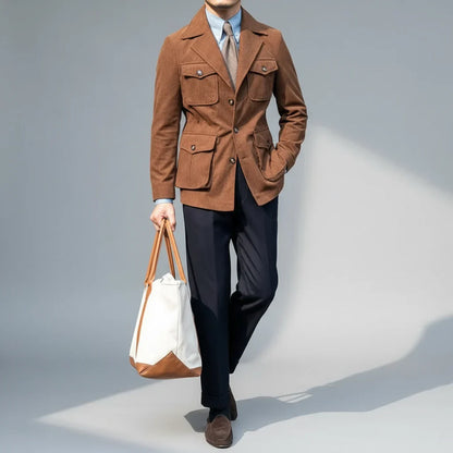 Men's Herringbone Blazer with Gold-Tone Accents